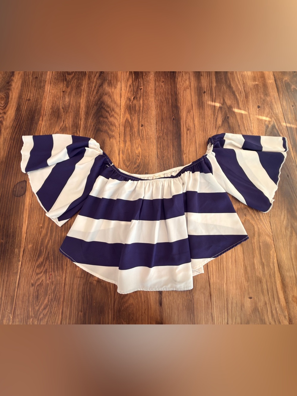 Fantastic Fawn Navy and White Striped Off-Shoulder Crop Top